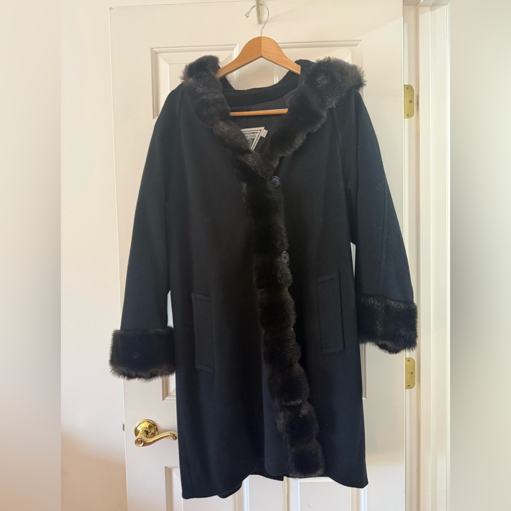 J. Percy for Marvin Richards Black Wool Coat with Fur Hood